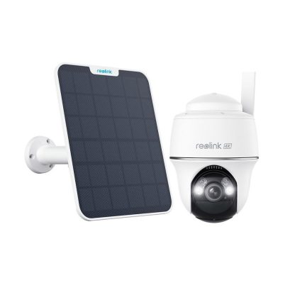 Kit camera supraveghere wireless Wi-Fi rotativa Speed Dome Reolink Argus PT B440, 4K, IR/lumina alba 10 m, microfon, dual band, PIR, slot card + Panou solar