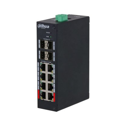 Switch cu 12 porturi Dahua HS4412-8ET-120, 8 porturi PoE 10/100 Mbps, 4 porturi SFP 1000 Mbps, PoE Watchdog, Hardened Switch