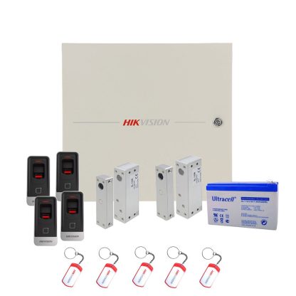 Sistem control acces Hikvision KIT-2UBACV2, amprenta, cartela, 13.56 KHz, acumulator, doua usi bidirectionale