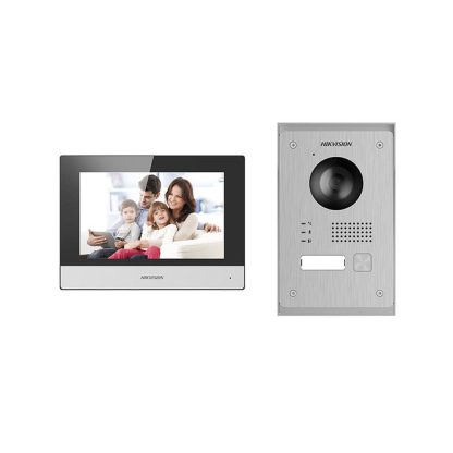 Kit videointerfon IP Hikvision DS-KIS703Y-P, 2MP, 7 inch, IR 3 m, 2 fire, o familie, aparent