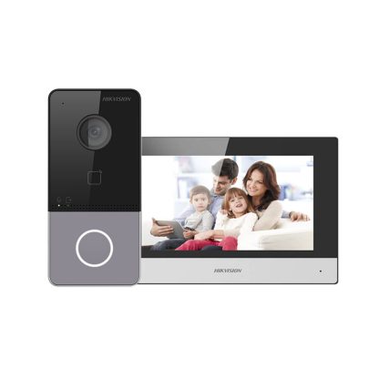 Kit videointerfon IP WiFi Hikvision DS-KIS603-P, 2 MP, 7 inch, Mifare, 2.4 GHz, 1 familie, aparent