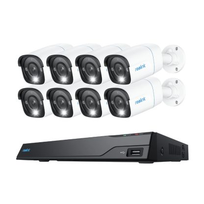 Sistem supraveghere exterior IP Reolink NVS16-8MB8, 8 camere, 4K, 2.8 mm, IR/lumina alba 30 m, spotlight, PoE, vizualizare de pe telefon, detectie persoane/vehicule, microfon si difuzor, 4TB HDD inclus