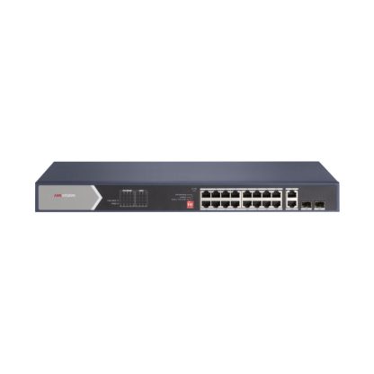 Switch cu 16 porturi Gigabit Hikvision DS-3E0520HP-E, 2 porturi fibra optica, 40 Gbps, 29.76 Mpps, 8000 MAC, PoE, fara management