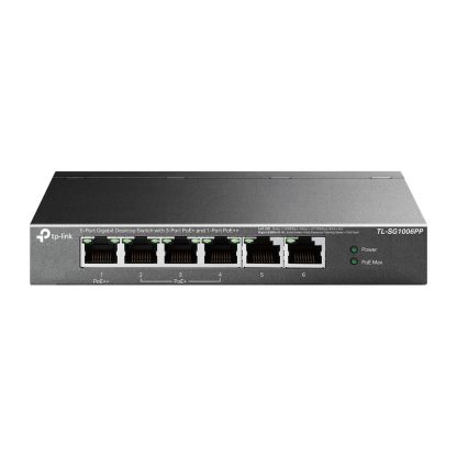 Switch cu 6 porturi Gigabit TP-link TL-SG1006PP, 12 Gbps, 8.928 Mpps, 250 m, fara management, plug&play, PoE+