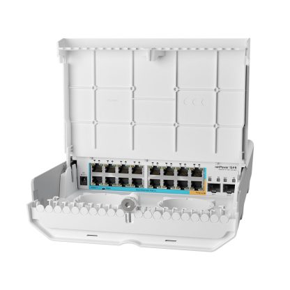 Switch pentru exterior MikroTik netPower CRS318-1FI-15FR-2S-OUT, 16 porturi Ethernet, 2 porturi SFP, 7.2 Gbps, 5.4 Mpps, PoE