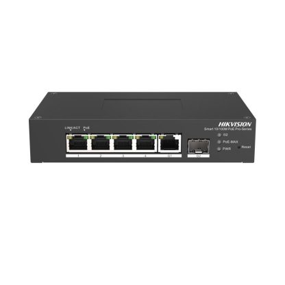 Switch PoE cu 5 porturi Hikvision DS-3T1306P-SI/HS, 14 Gbps, 10 Mpps, cu management